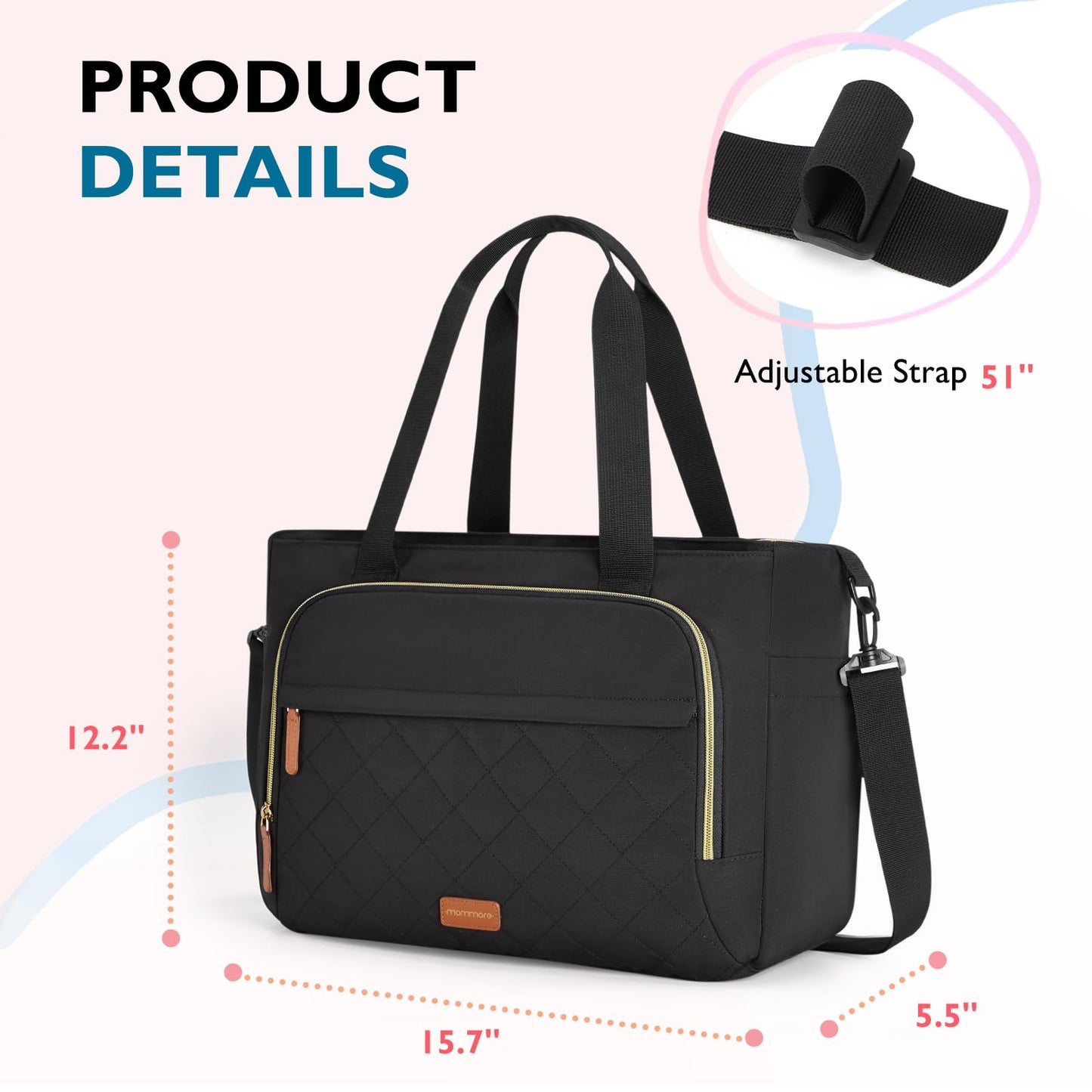 mommore Diaper Bag Tote, Small Baby Bag with Insulated Pockets, Lightweight Quilted Tote Bag for Mom with Stroller, Gym Bag with Yoga Strap for Work Nurse Travel