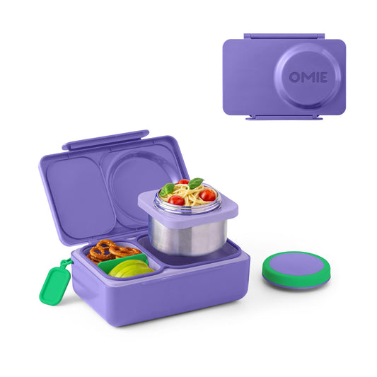 Omie OmieBox UP bento Box for Kids | Insulated Lunch Box | Leak Proof Vacuum Insulated Thermal Food jar | Cooler ice Pack | 2 Compartments (Galaxy Purple)