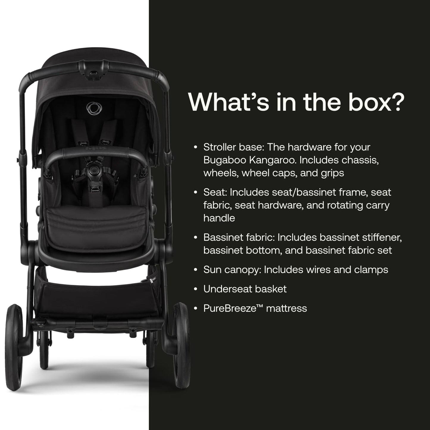 Bugaboo Kangaroo All-Terrain Single-to-Double Tandem Stroller for Infant and Toddler, for Up to Three Kids, XL Wheels, One-Hand Operation, Large Bassinet, XL Underseat Storage, Black/Midnight Black