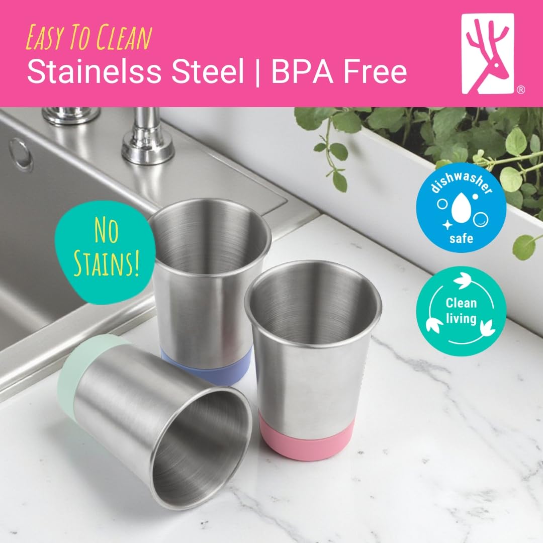Elk and Friends Stainless Steel Kids + Toddler Drinking Cups | 12oz Tumblers with Colored Base | Durable + Stackable | Travel, Camping + Outdoors | Dishwasher Safe | 4 Pack