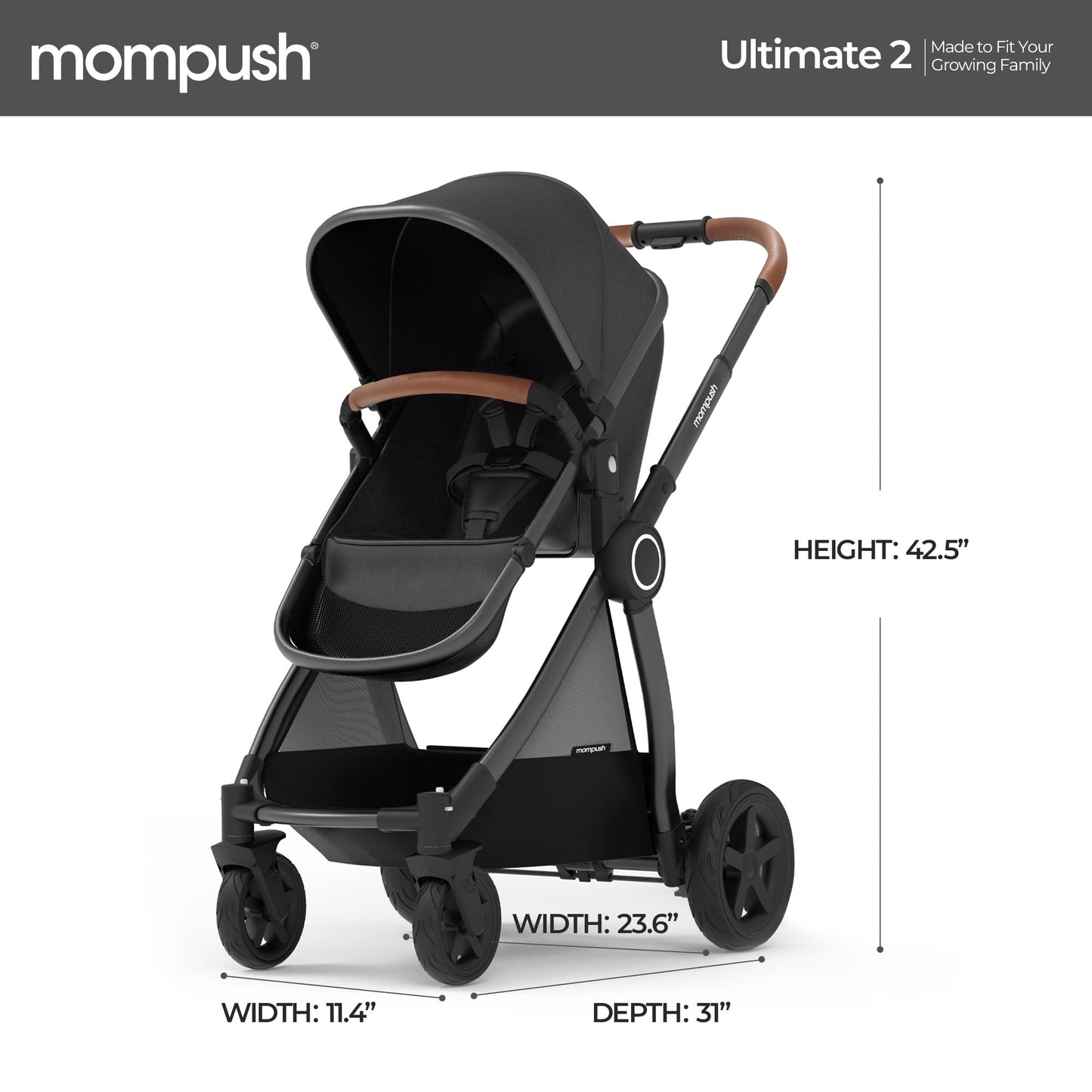 Mompush Ultimate2 Baby Stroller, Premium Convertible Full-Size Stroller for Toddler, Reversible Seat with One Hand Recline Adjustment, Car Seat Adapter Included