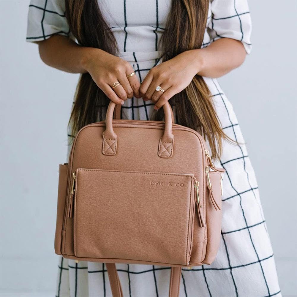 Ayla & Co Mini Bag, Transitional Minimal Diaper Bag, Vegan Leather, with Expandable Pockets, Built-In Wallet, Organizer, Magnetic Front Pocket, Adjustable Straps, Caffe