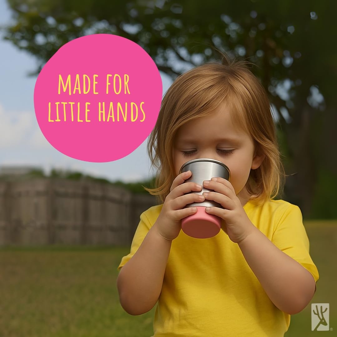 Elk and Friends Stainless Steel Kids + Toddler Drinking Cups | 12oz Tumblers with Colored Base | Durable + Stackable | Travel, Camping + Outdoors | Dishwasher Safe | 4 Pack