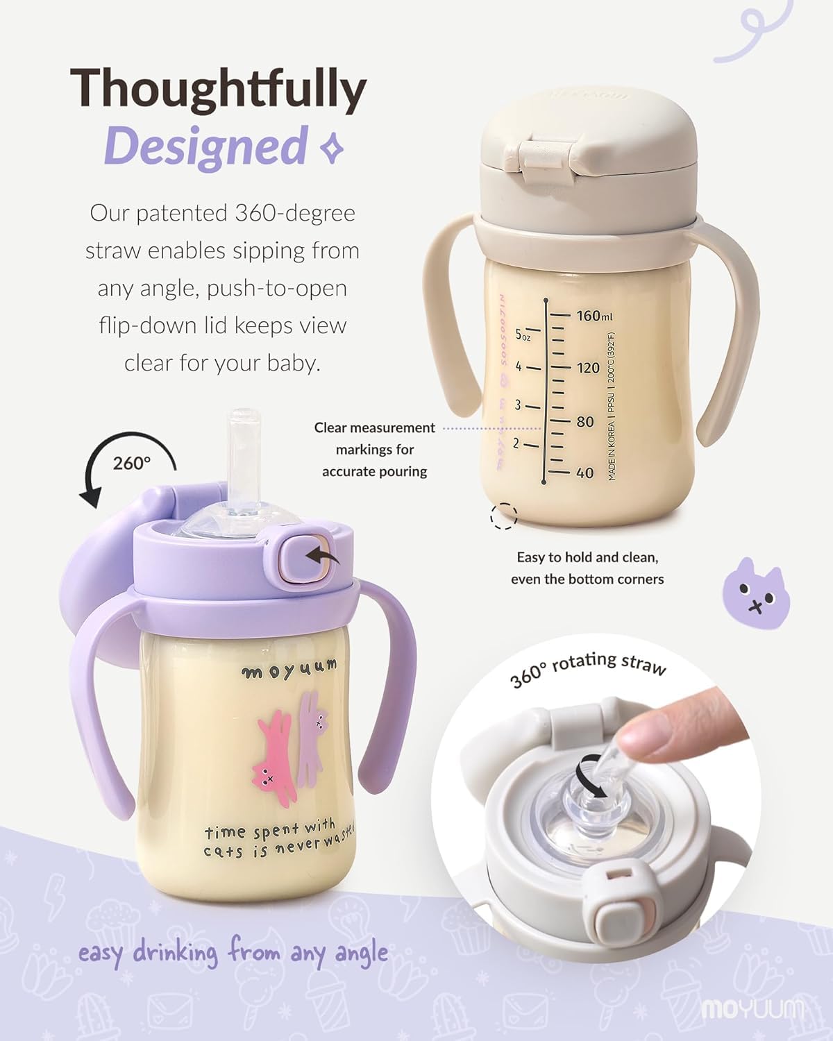 MOYUUM Leak Proof Sippy Cup with Handle | Made in Korea, 100% BPA Free PPSU, Magic No Spill Straw Cup with Attached Flip Top Lid, Easy to Hold for Babies and Toddlers, 9oz Yellow