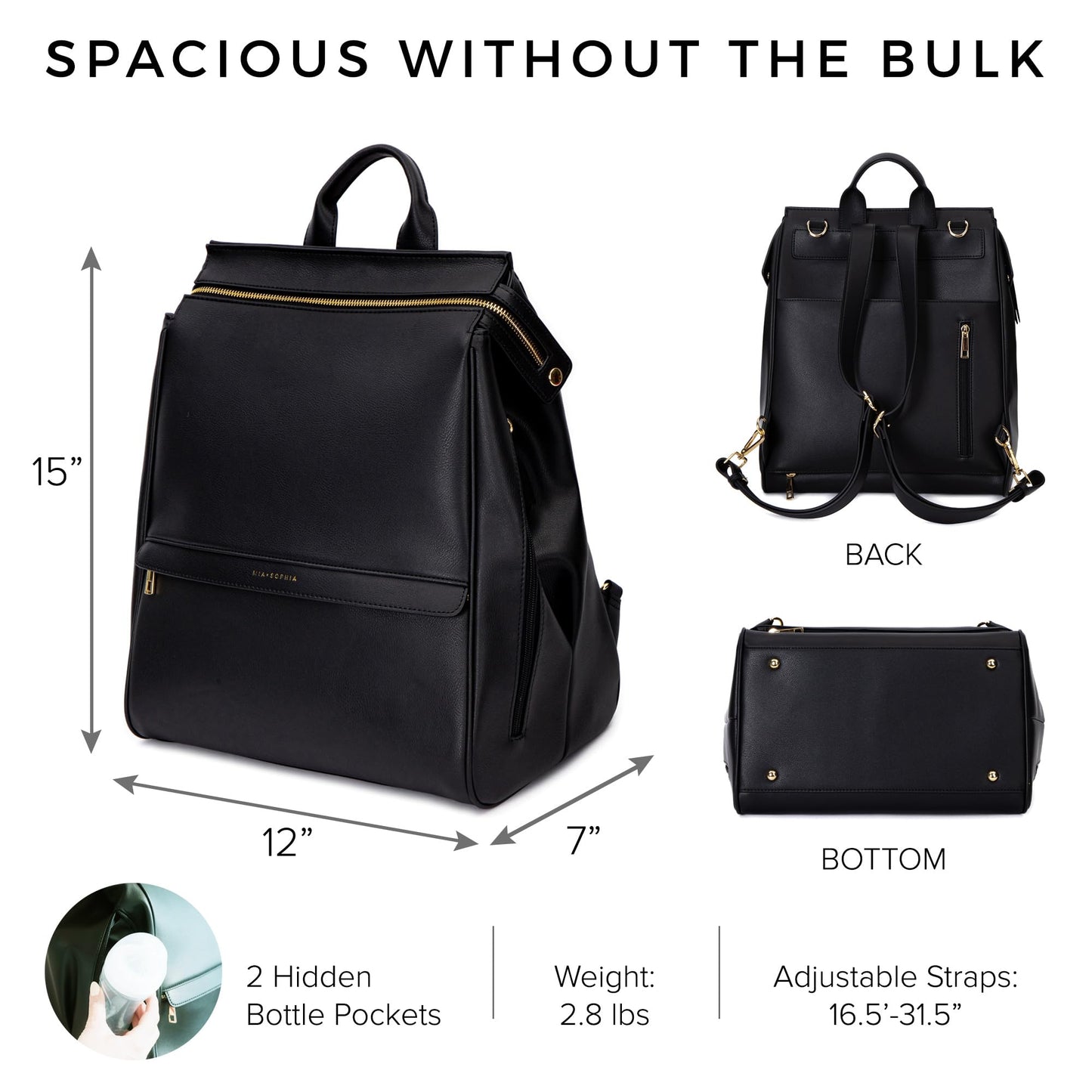 MIA + SOPHIA Leather Diaper Bag Backpack with USB Charging port, Changing Pad, Stroller Straps, and Bottle Holder (Black Sophia)