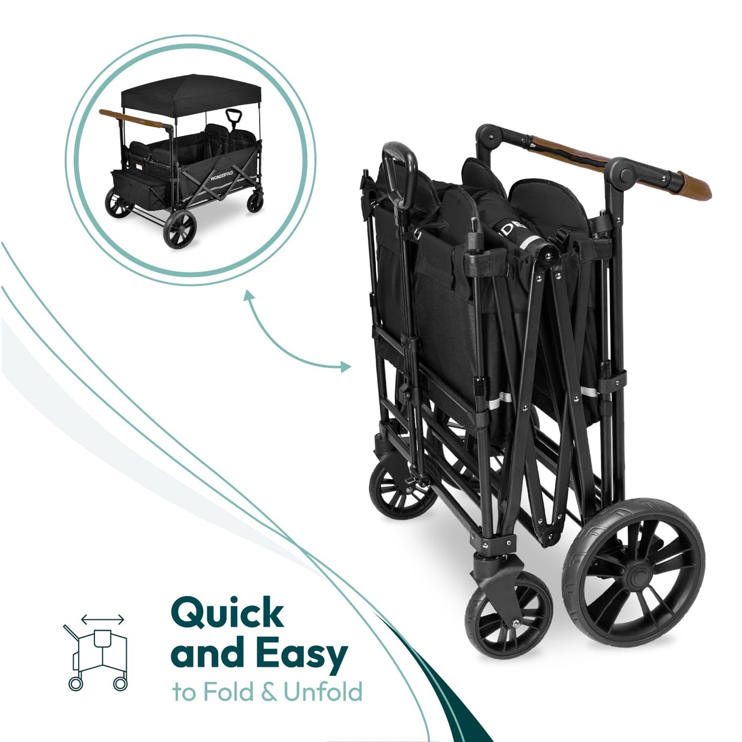WONDERFOLD X4 Push & Pull Stroller Wagon (4 Seater) - Wagon Stroller with Seats with 5-Point Harnesses, Adjustable Push Handle, and Sun Canopy, Stealth Black