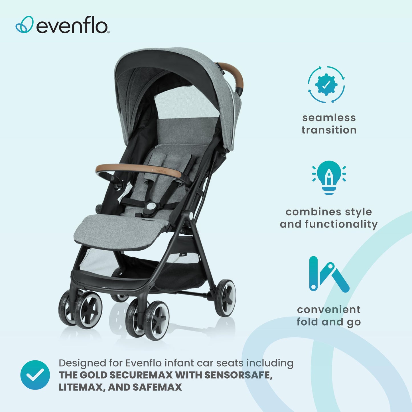 Evenflo Travel Stroller, Self-Folding, Lightweight, Fits Baby Car Seat, Gold Otto, Moonstone