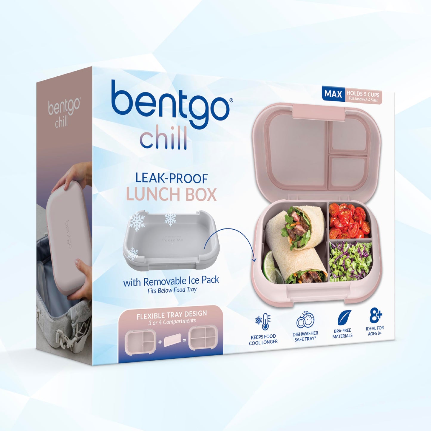 Bentgo Chill Max Leak-Proof XL Lunch Box - Included Ice Pack Keeps Food Cold; 5-Cup Capacity for Ages 8+, 3 or 4 Compartment Bento Box, BPA-Free, Dishwasher Safe (Pink Cloud & Blush)