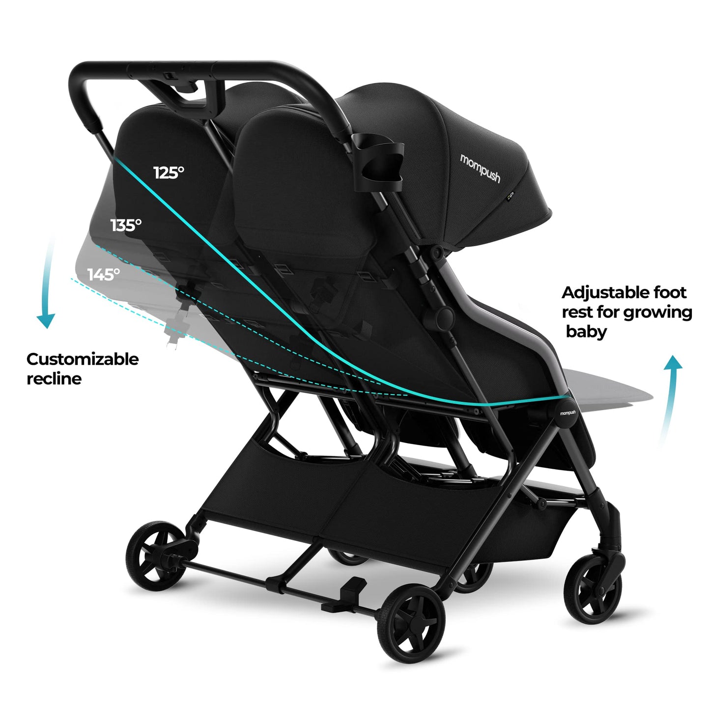 Mompush Lithe Double Stroller, Lightweight Side by Side Stroller for Newborn and Toddler, Easy Fold, Spacious Seats with Recline, UPF50+ Canopy