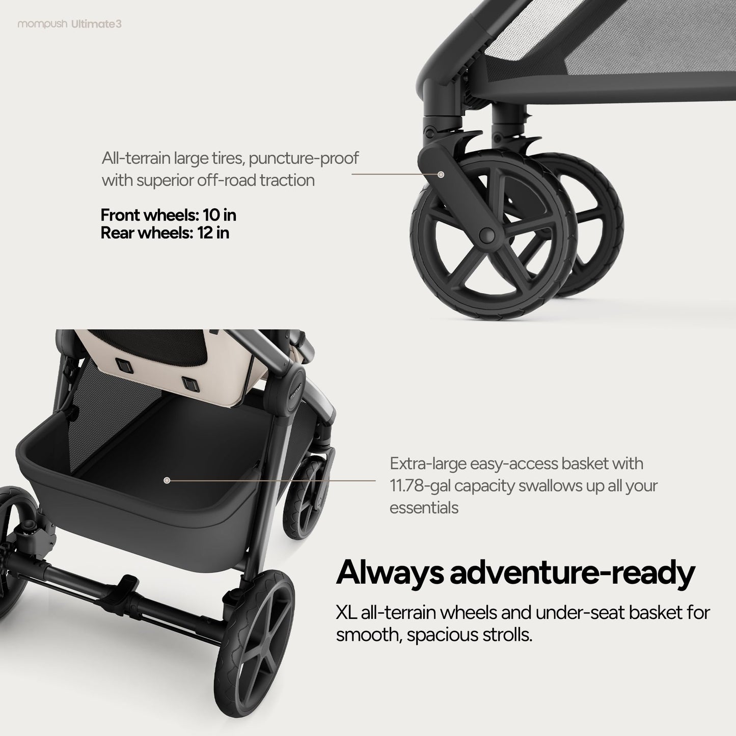 Mompush Ultimate 3 Full Size Stroller for Infant to Toddler - All-Terrain PU Tires with Full Suspension, Reversible Extendable Seat, Adjustable Handle, One-Second Fold, Car Seat Compatible