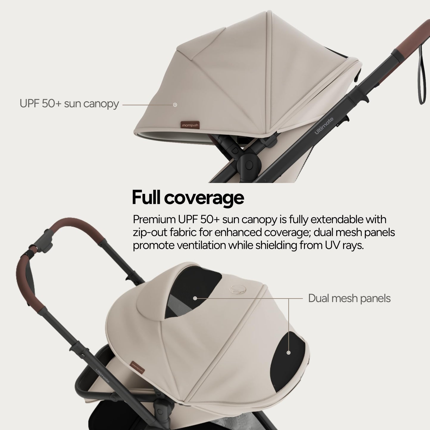 Mompush Ultimate 3 Full Size Stroller for Infant to Toddler - All-Terrain PU Tires with Full Suspension, Reversible Extendable Seat, Adjustable Handle, One-Second Fold, Car Seat Compatible