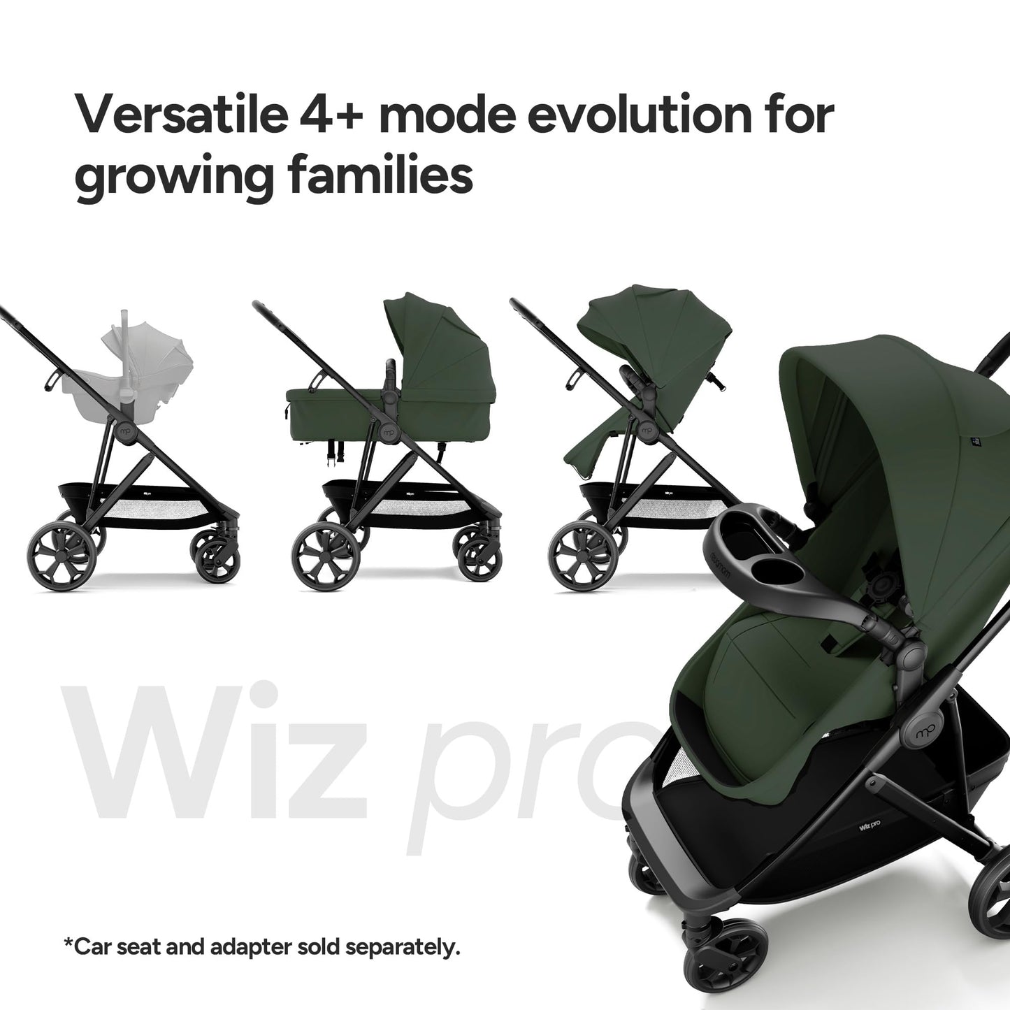 Mompush Wiz Pro 4-in-1 Baby Stroller with Bassinet Mode, Full-Size All-Terrain Premium Stroller from Newborn to Toddler, Snack Tray Included for Easy Feeding & Outing, Lay-Flat in Seconds