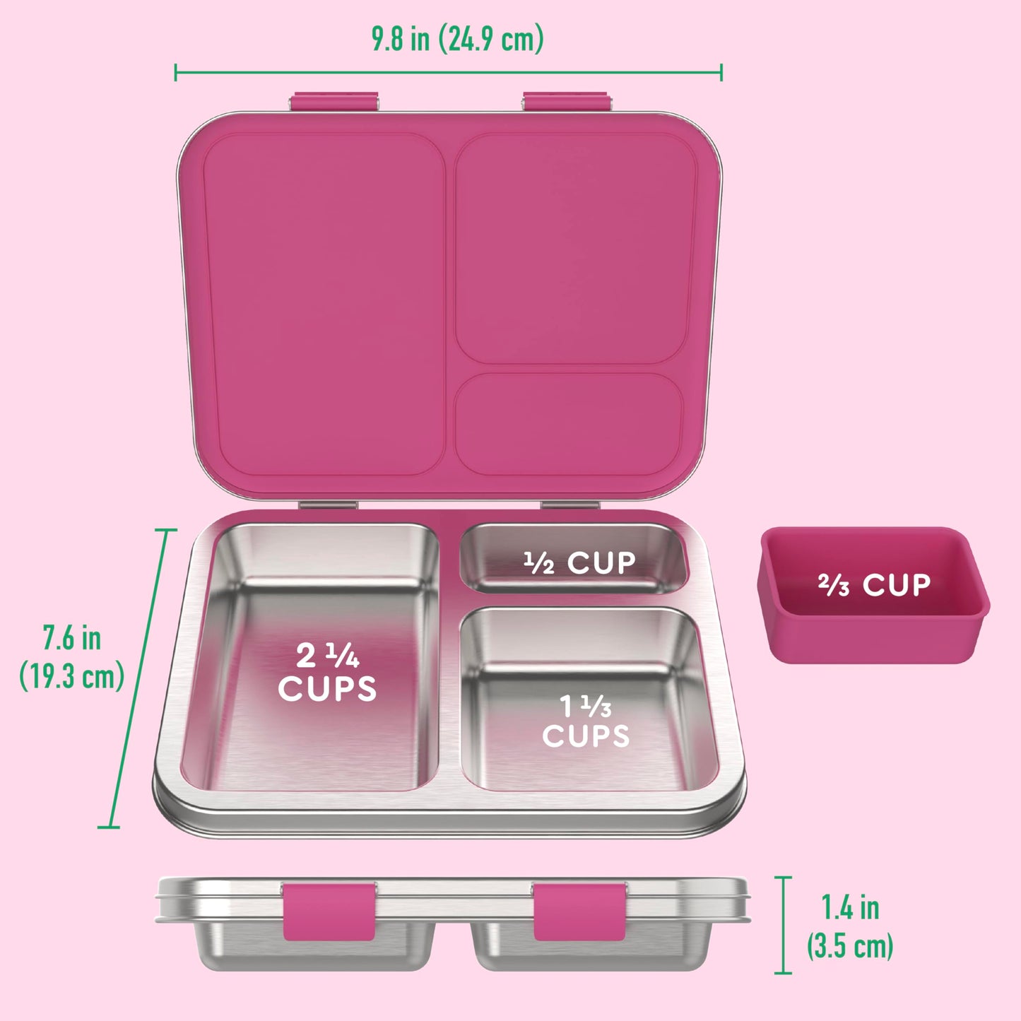 Bentgo Kids Stainless Steel Leak-Resistant Lunch Box - 3-Compartments with Bonus Silicone Container, Durable, Eco-Friendly, Dishwasher Safe, BPA-Free, Ideal for School, Ages 3+ (Fuchsia)