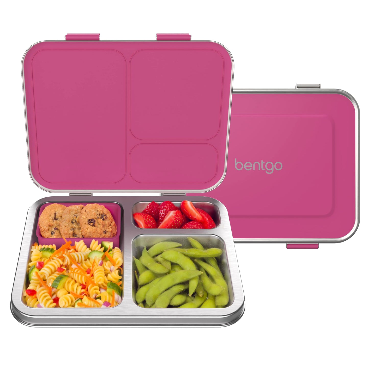 Bentgo Kids Stainless Steel Leak-Resistant Lunch Box - 3-Compartments with Bonus Silicone Container, Durable, Eco-Friendly, Dishwasher Safe, BPA-Free, Ideal for School, Ages 3+ (Fuchsia)