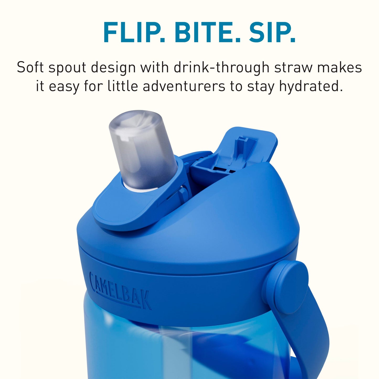 CamelBak Thrive Flip Straw Kids Bite Valve Tritan Renew Water Bottle True Blue, 14oz