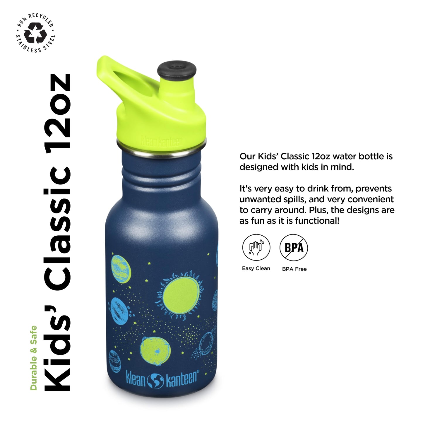 Klean Kanteen Classic Kid's Water Bottle with Sport Cap - Durable Stainless Steel Water Bottle for Children 4+ - Dishwasher-Safe & BPA-Free, 12 oz