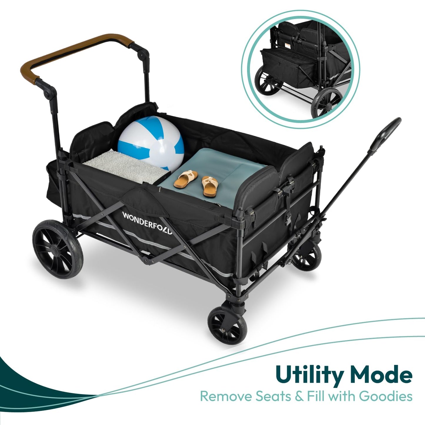 WONDERFOLD X4 Push & Pull Stroller Wagon (4 Seater) - Wagon Stroller with Seats with 5-Point Harnesses, Adjustable Push Handle, and Sun Canopy, Stealth Black