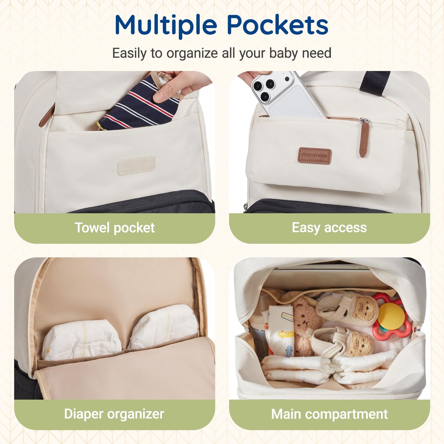 mommore Diaper Bag Backpack, Multi-function Travel Baby Diaper Bag for Mom, Large Capacity Baby Essentials with Insulated Pockets, Changing Pad, Stroller Straps