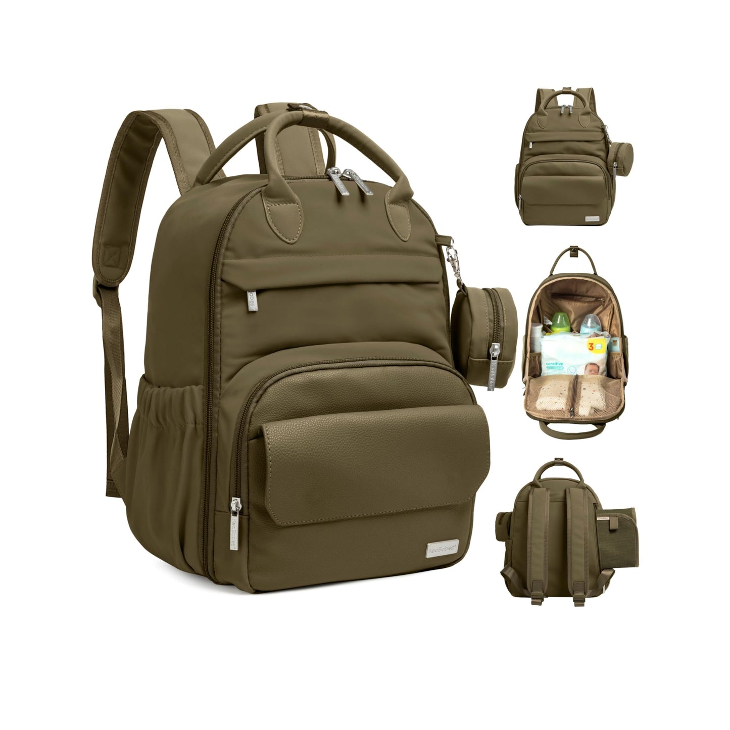 KeaBabies Diaper Bag Backpack - Multifunctional Travel Diaper Back Packs, Maternity Baby Changing Bags, Compact 18L Capacity, PU Leather, Waterproof, Unisex, Nappy Changing Pad (Dark Olive)