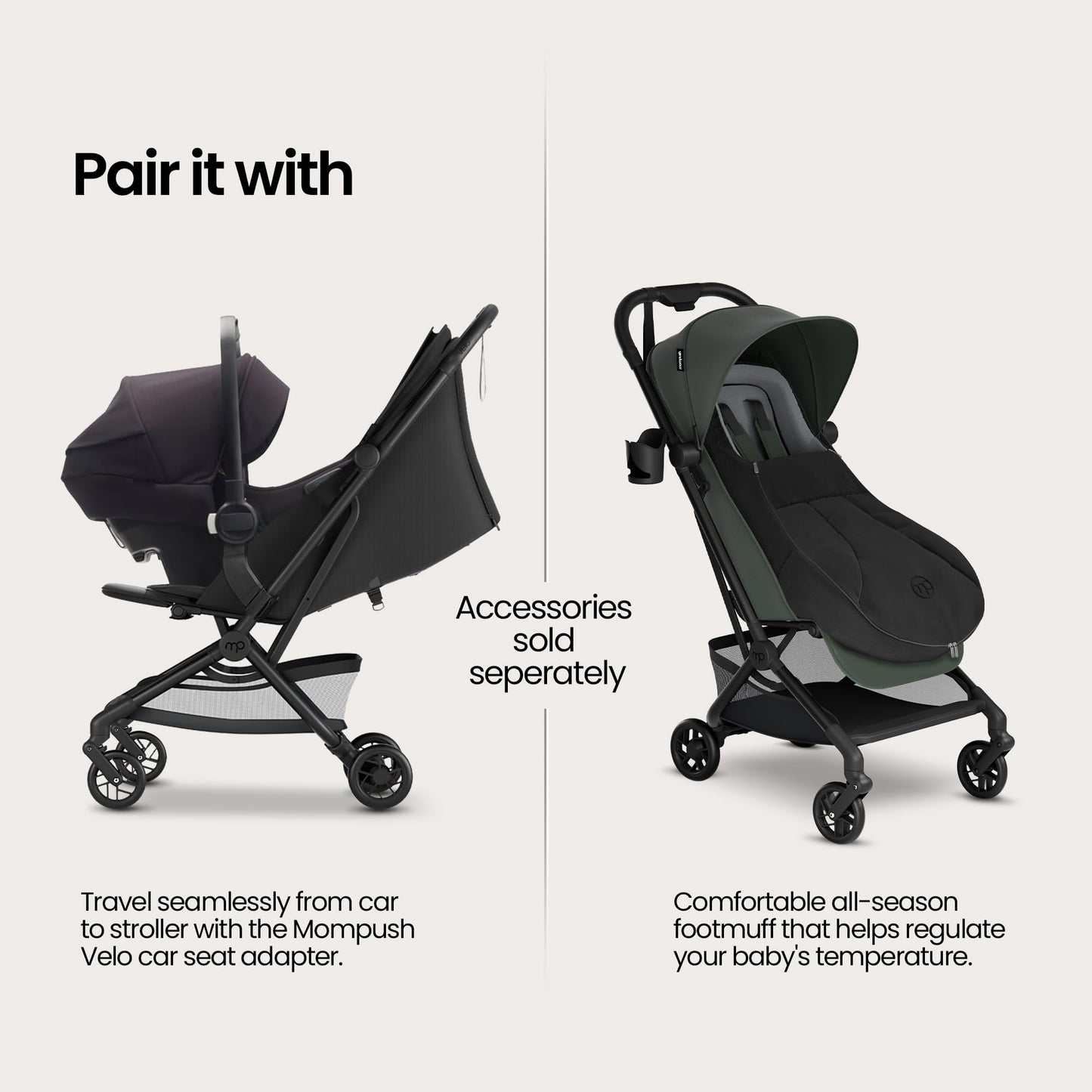 Mompush Velo Lightweight Travel Stroller, Compact & Airplane-Friendly for Baby and Toddler, Lie-Flat Seat, One-Hand Fold, with Leather Bumper Bar, Shoulder Strap, Raincover, Storage Bag & Cup Holder