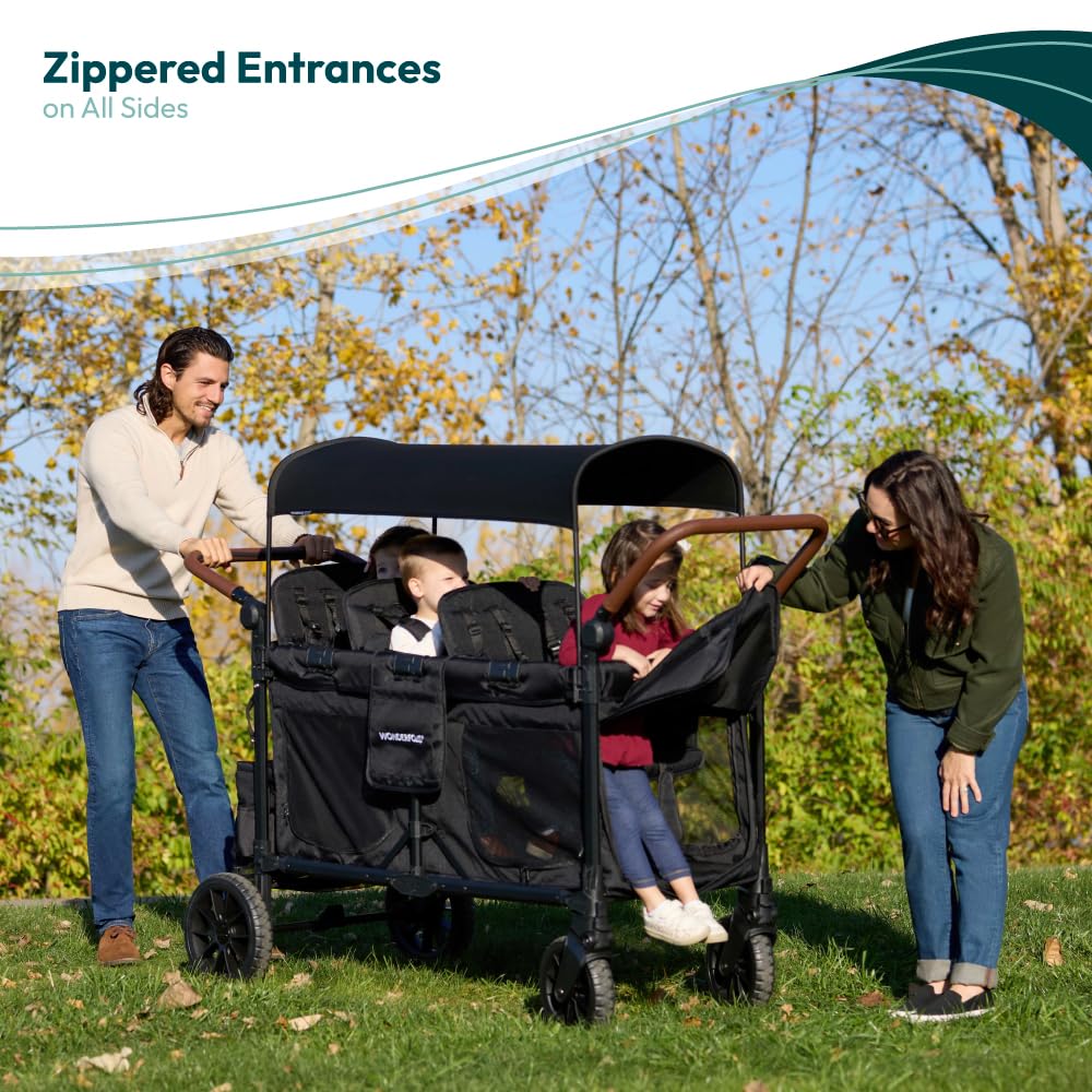 WONDERFOLD W6 Luxe Pro Stroller Wagon (6 Seater) - Collapsible Wagon Stroller with Seats Featuring 5-Point Safety Harnesses and Adjustable Sun Canopy, Jet Black