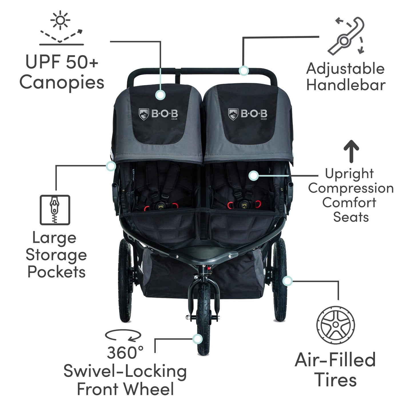 BOB Gear Revolution Flex 3.0 Duallie Double Jogging Stroller, Graphite Black