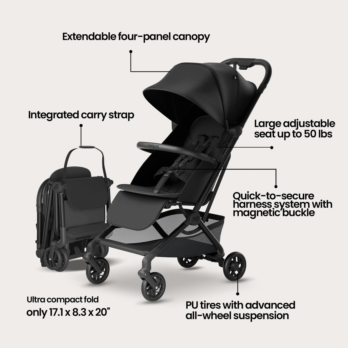Mompush Velo Lightweight Travel Stroller, Compact & Airplane-Friendly for Baby and Toddler, Lie-Flat Seat, One-Hand Fold, with Leather Bumper Bar, Shoulder Strap, Raincover, Storage Bag & Cup Holder