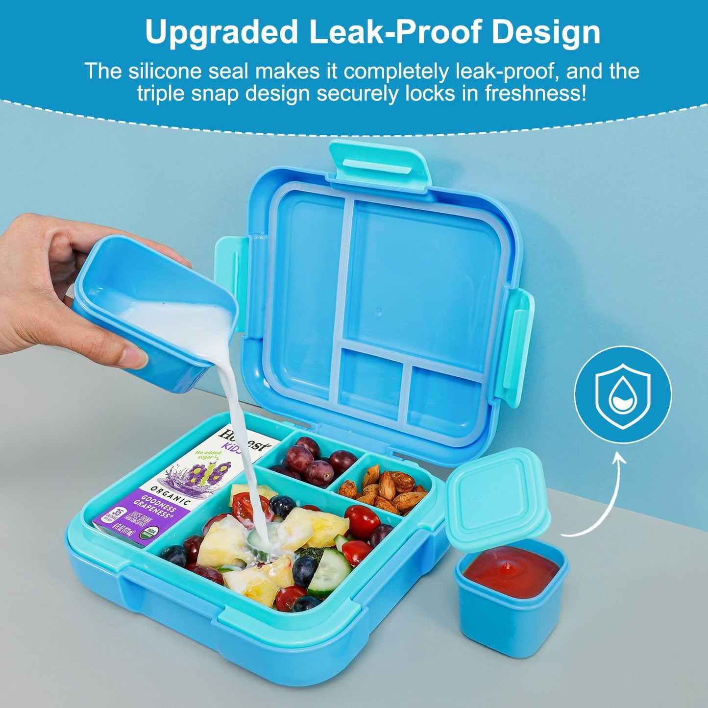 Caperci Bento Box for Kids - Leak-Proof Toddler Lunch Box Container with 2 Modular Containers & 4 Compartments, Hold 4.8 Cups, Portable Handle, BPA-Free, Microwave/Dishwasher Safe (Sea Life)