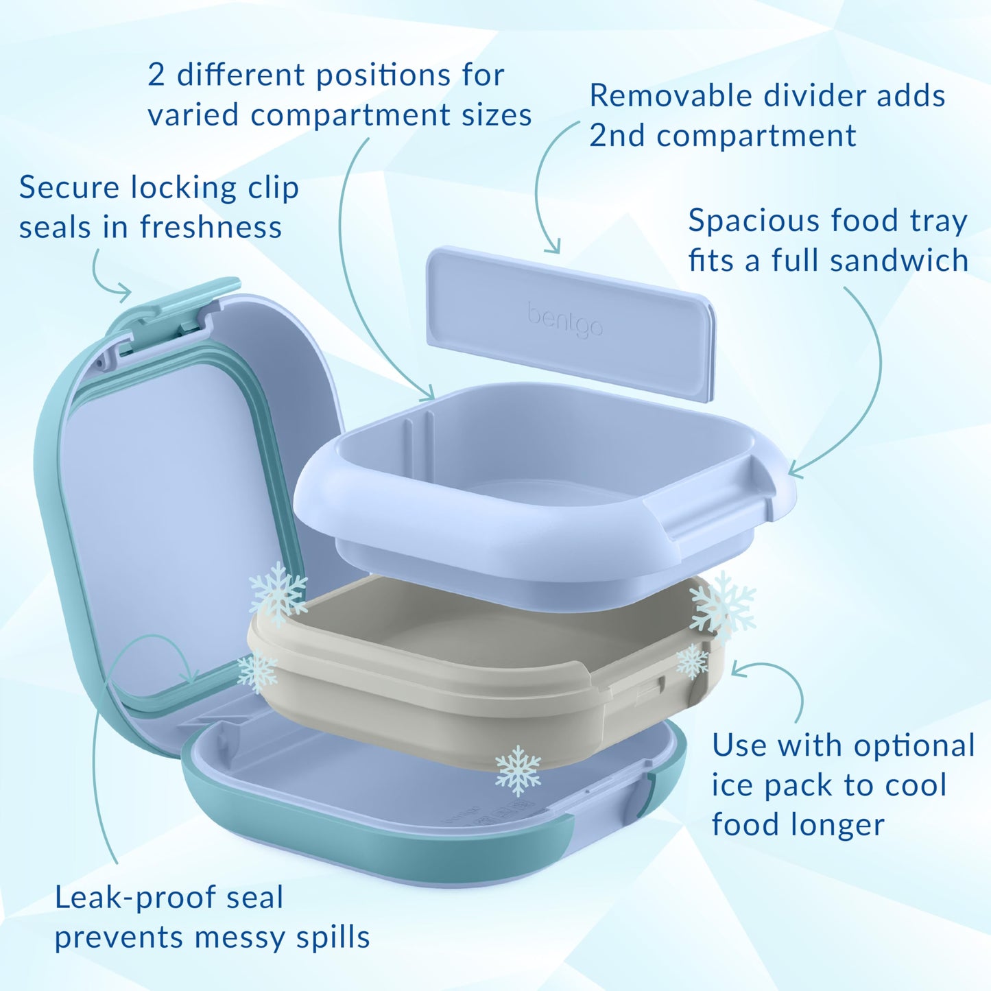 Bentgo Chill Mini Leak-Proof Lunch Box – Built-In Ice Pack Keeps Food Cold, 2.7-Cup Capacity for Snacks or a Sandwich, 3 or 4 Compartments, PFAS & BPA-Free, Ideal for Adults & Kids 3+ (Tide Blues)