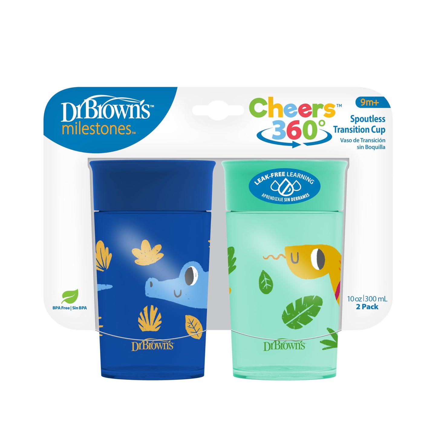 Dr. Brown's Milestones Cheers 360 Spoutless Transition Cup, Travel Friendly and Leak Free Sippy for Babies and Toddlers, Blue/Green Animals, BPA-Free, 10 oz/300 mL, 9m+, 2-Pack