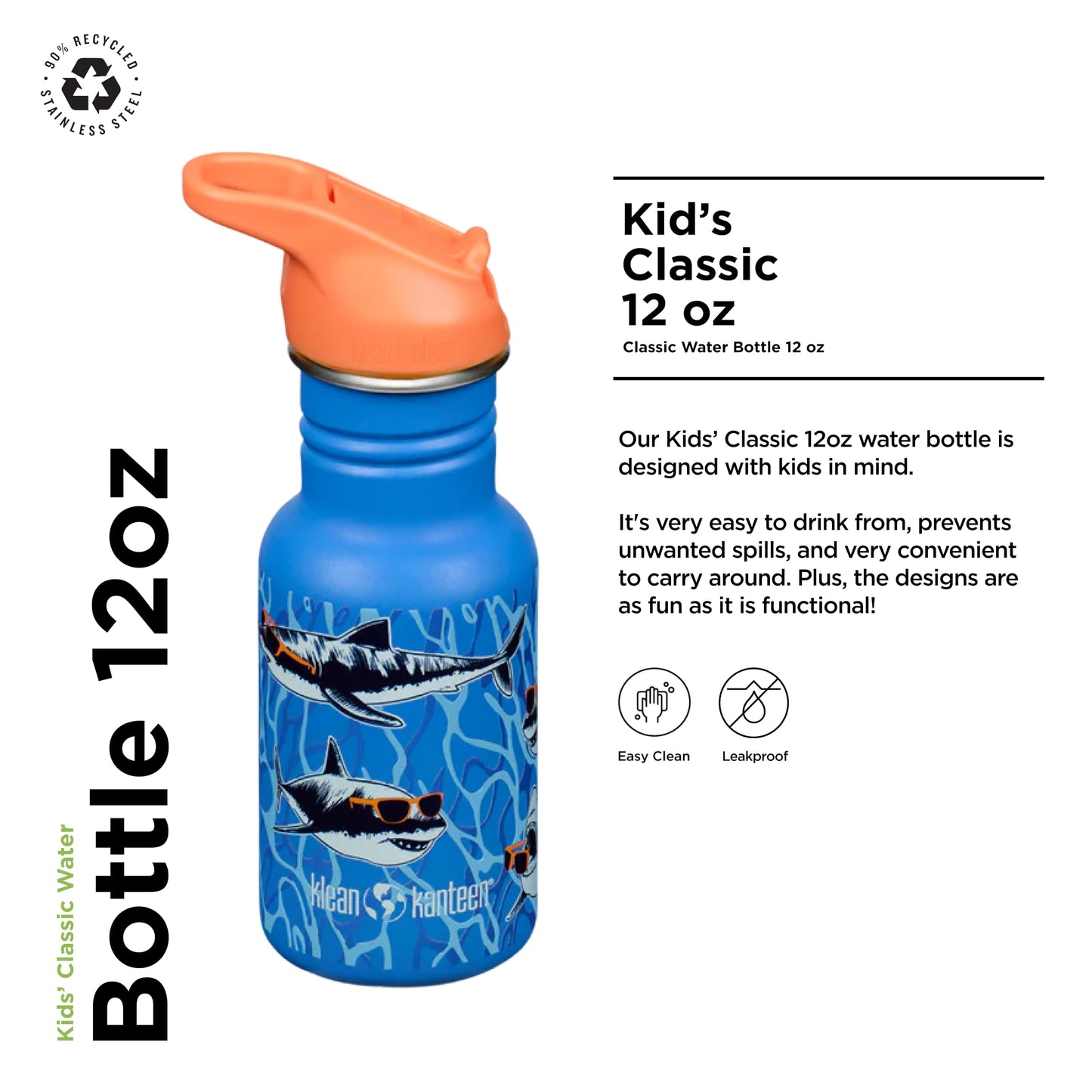 Klean Kanteen 12 oz Classic Kid's Water Bottle with Flip Seal Sport Cap & Straw - 100% Leakproof Cap - Durable Stainless Steel Material - Lightweight & Easy-Grip - BPA-Free - Sharks in Shades