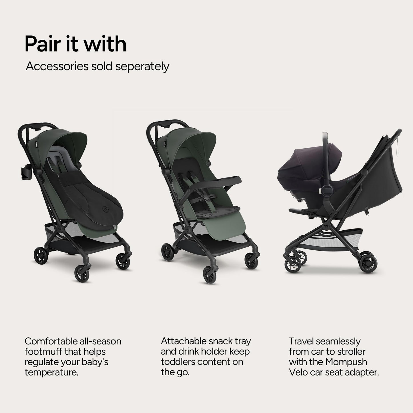 Mompush Velo Lightweight Travel Stroller, Compact & Airplane-Friendly for Baby and Toddler, Lie-Flat Seat, One-Hand Fold, with Leather Bumper Bar, Shoulder Strap, Raincover, Storage Bag & Cup Holder
