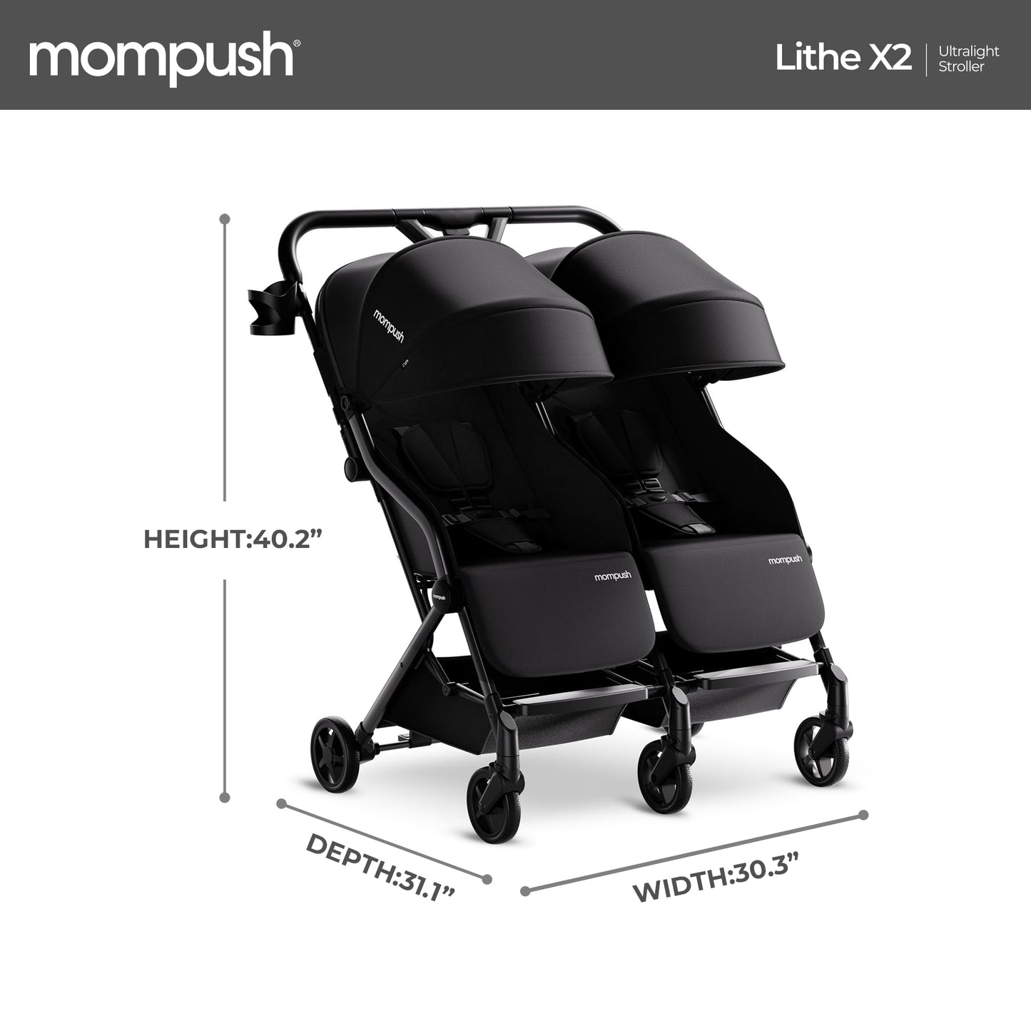 Mompush Lithe Double Stroller, Lightweight Side by Side Stroller for Newborn and Toddler, Easy Fold, Spacious Seats with Recline, UPF50+ Canopy