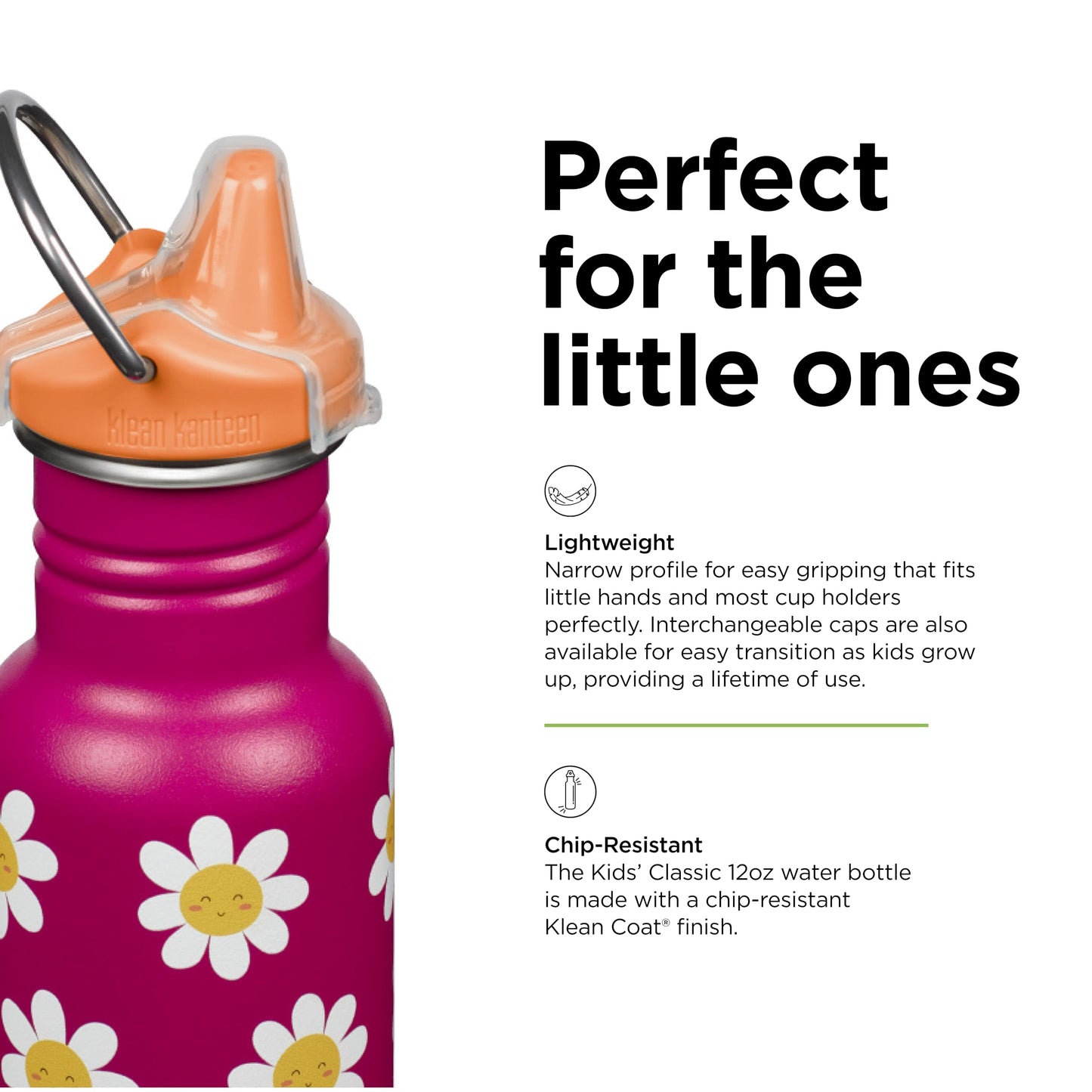 Klean Kanteen 12 oz Classic Kid's Sippy Bottle - For Little Hands - With Dust Cover & Attachable Loop - Durable, BPA-Free, Stainless Steel Material - Fits Interchangeable Caps - Happy Flowers