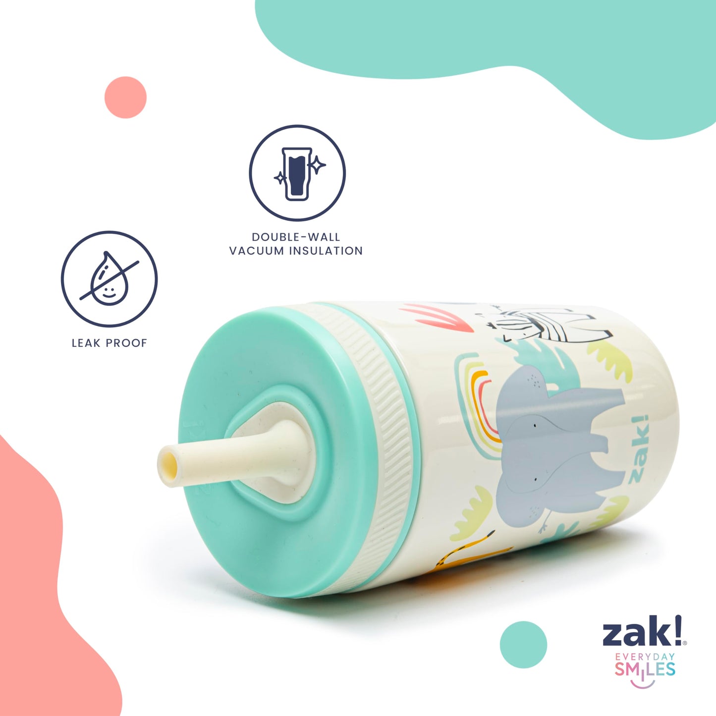 Zak Designs Kelso Tumbler Toddler Cup For Travel or At Home, 12oz Vacuum Insulated Stainless Steel Sippy Cup With Leak-Proof Design is Perfect For Kids (Happy Fruit)