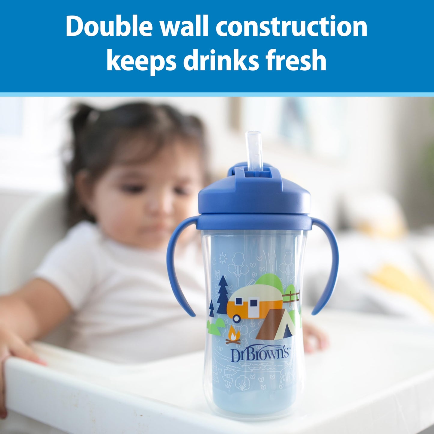 Dr. Brown's Milestones Insulated Sippy Cup with Straw and Handles, Spill-Proof Tumbler with Lid, 2-Pack, Blue & Green, 10 oz/300 mL, BPA Free, 12m+