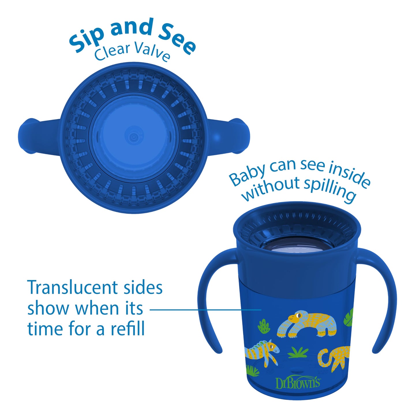 Dr. Brown's Milestones Cheers 360 Spoutless Transition Cup with Handles, Travel Friendly and Leak Free Sippy for Babies and Toddlers, Blue Animals, BPA-Free, 7 oz/200 mL, 6m+, 1-Pack