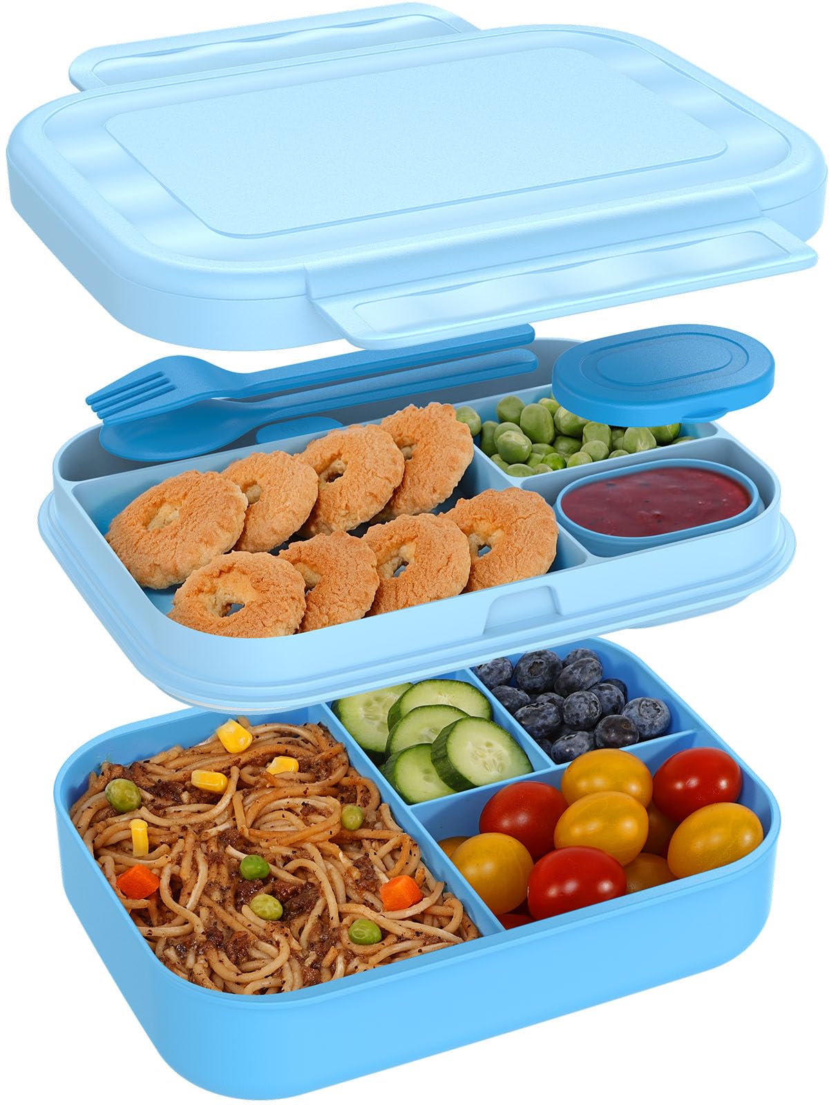 Caperci Bento Box for Kids - Stackable Leakproof Multiple Compartments 5.8 Cups Bento Lunch Box for Adults with Sauce Container - Idea for School, On-the-go, Built-in Utensil Set, BPA Free (Blue)