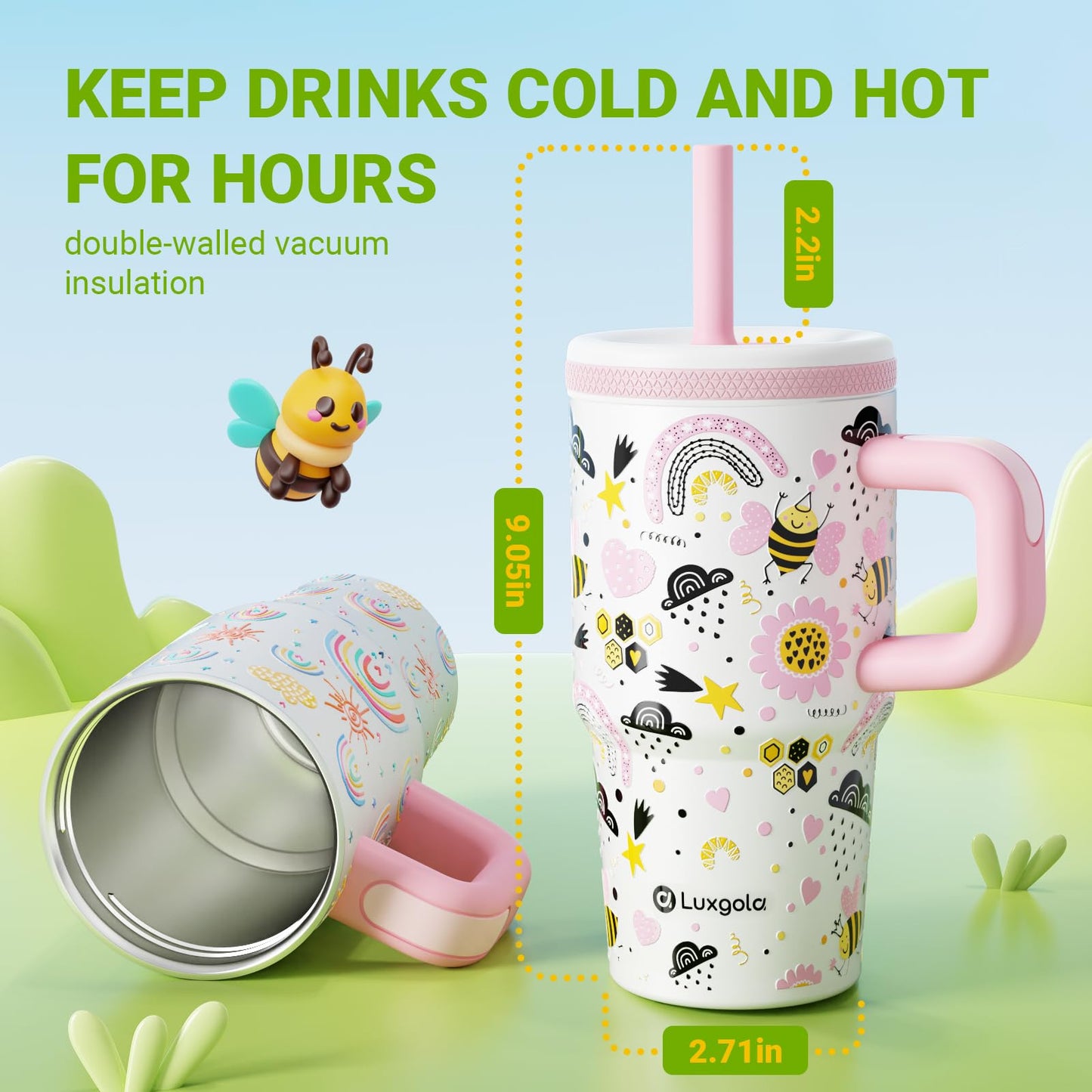 Luxgola Kids 20 oz Tumbler with Handle, Leak-Proof Screw-On Lid with Removable Silicone Straw, Spill Proof, Reusable Stainless Steel Insulated Water Bottle, Gifts for Boys and Girls, Ice Blue Mix