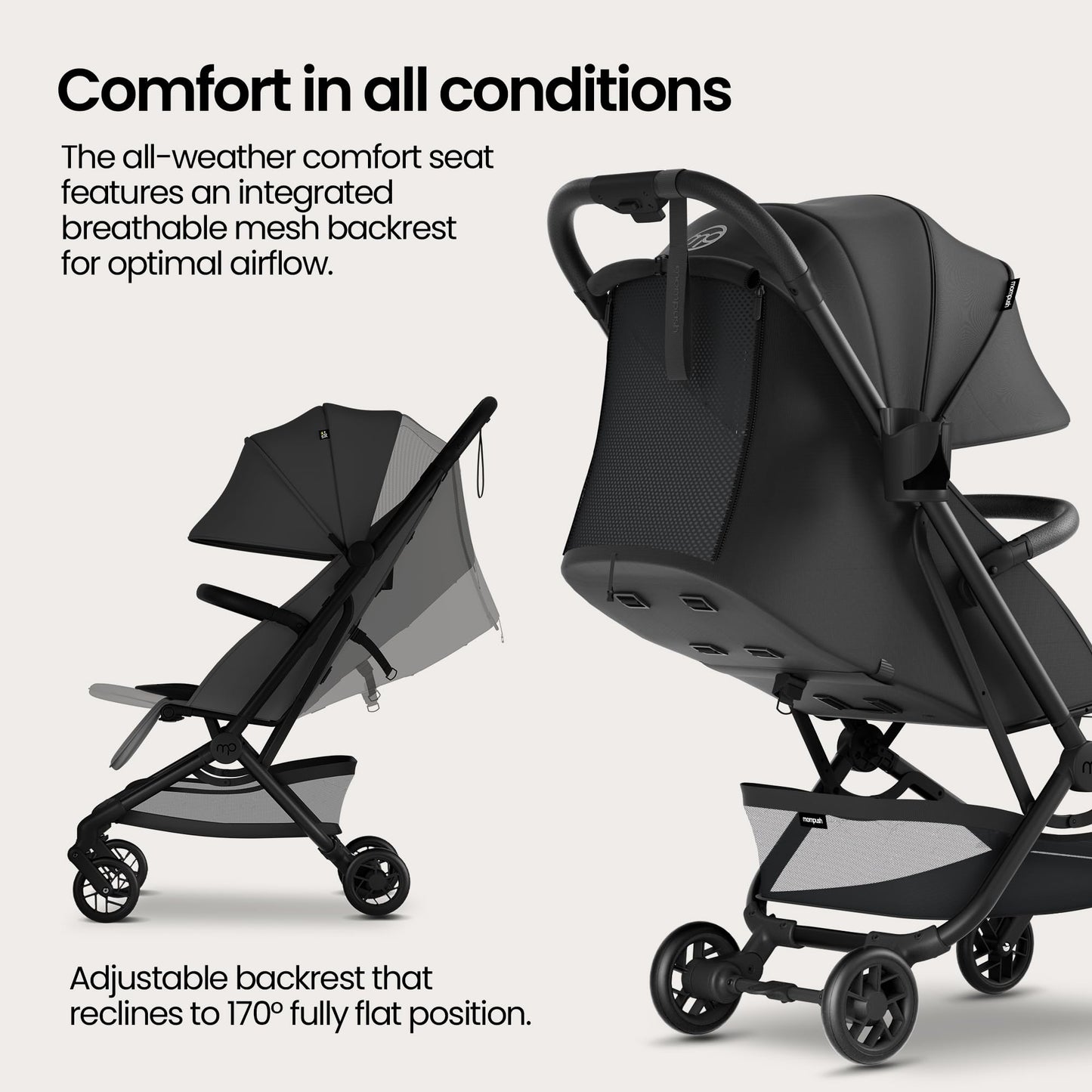 Mompush Velo Lightweight Travel Stroller, Compact & Airplane-Friendly for Baby and Toddler, Lie-Flat Seat, One-Hand Fold, with Leather Bumper Bar, Shoulder Strap, Raincover, Storage Bag & Cup Holder