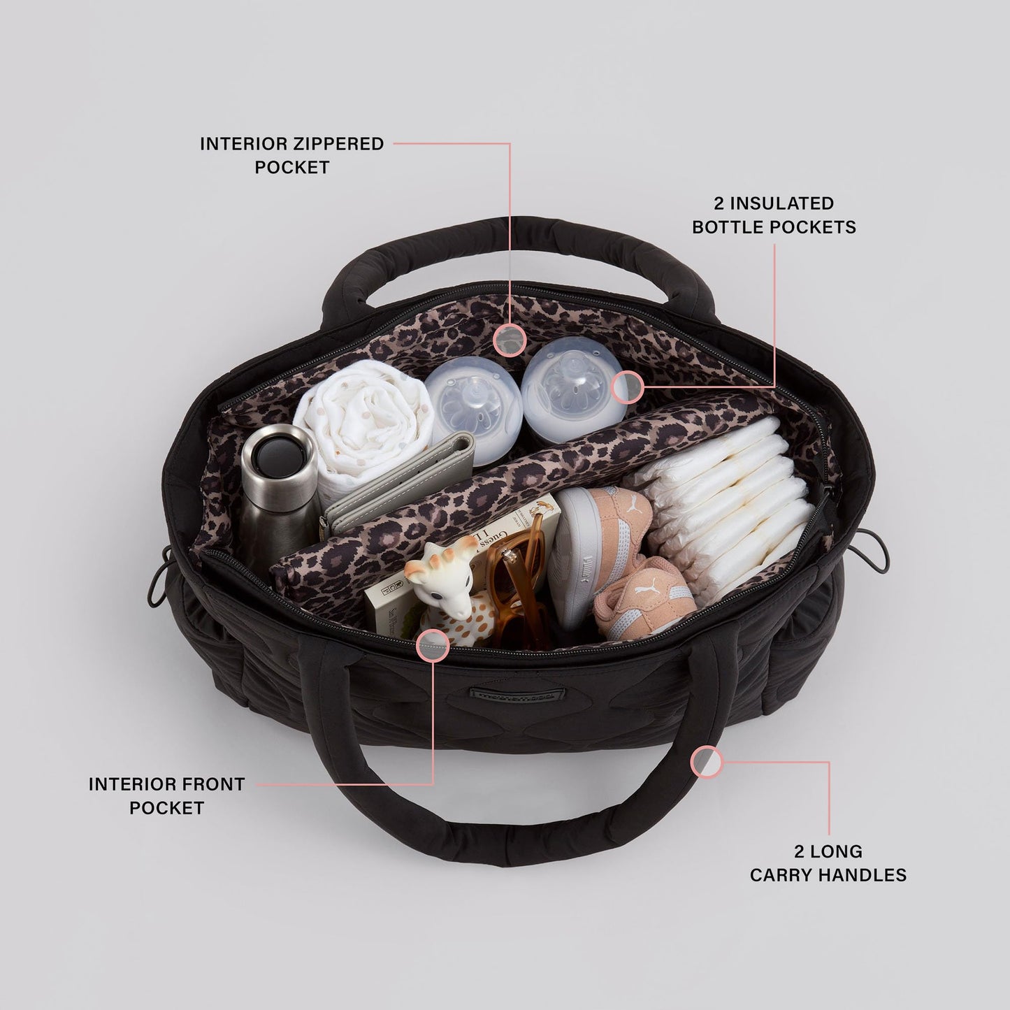 Motherhood Quilted Tote Diaper Bag Diaper Bag - Large Capacity Baby Bag for Travel, Waterproof with Insulated Pockets & Changing Pad, Black