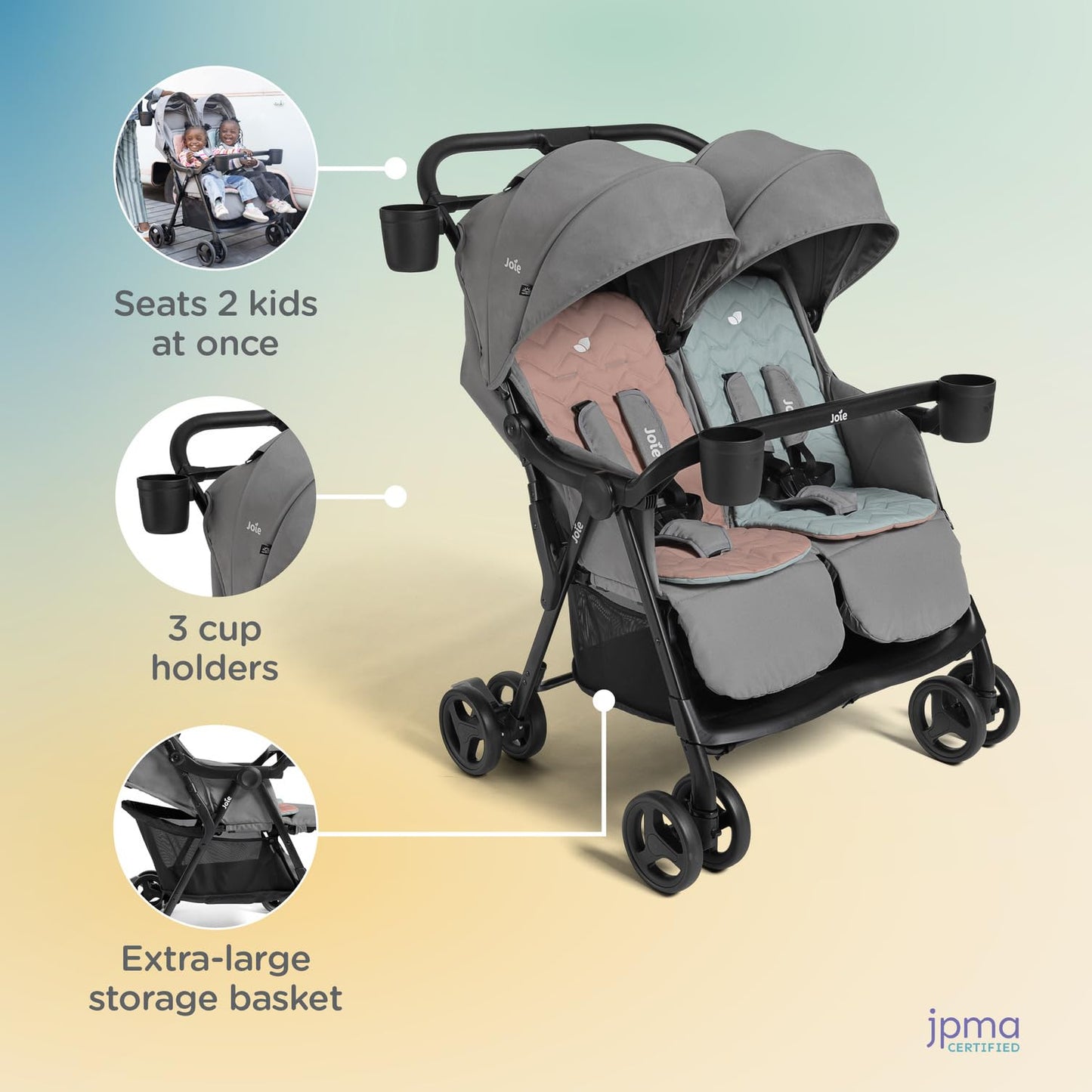 Joie Rosemary Side-by-Side Double Stroller – Lightweight, Compact, and Comfortable Side-by-Side Stroller for Twins or Siblings
