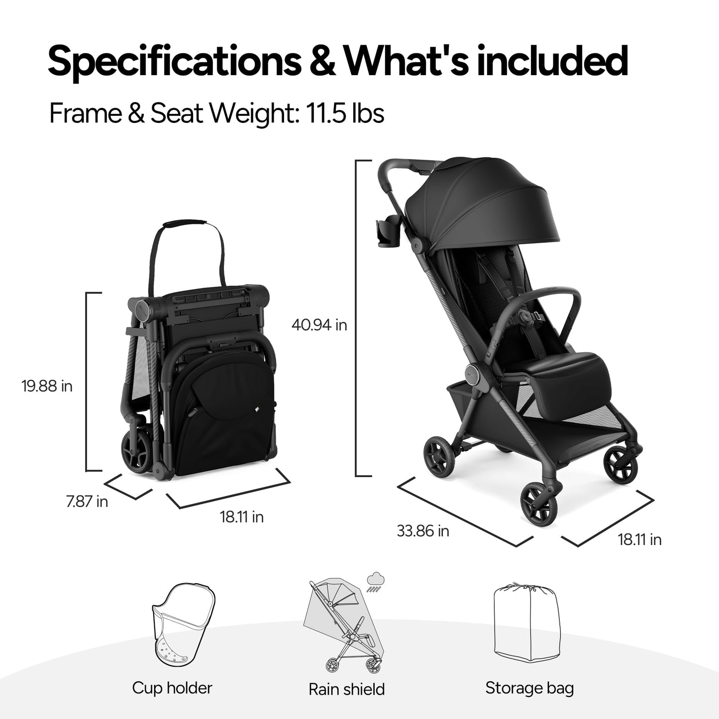 Mompush Nexis Carbon Travel Stroller, Ultra-Lightweight 11.5 lbs, Compact & Airplane Carry-On Approved, One-Second Auto-Fold, One-Hand Full Recline, from Birth to 50 lbs, JPMA Certified, Black