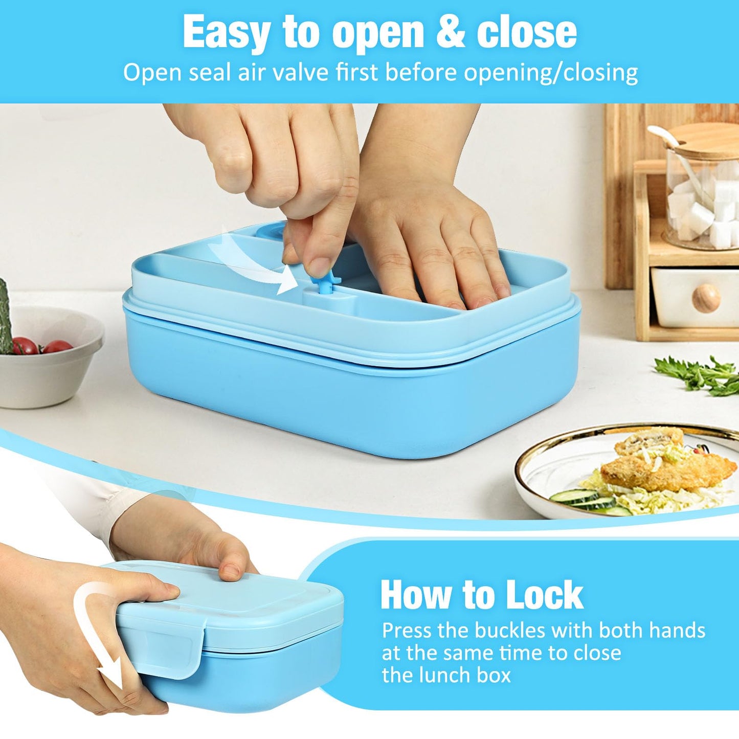 Caperci Bento Box for Kids - Stackable Leakproof Multiple Compartments 5.8 Cups Bento Lunch Box for Adults with Sauce Container - Idea for School, On-the-go, Built-in Utensil Set, BPA Free (Blue)