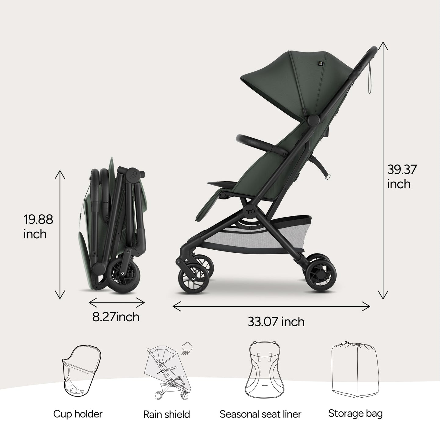 Mompush Velo Lightweight Travel Stroller, Compact & Airplane-Friendly for Baby and Toddler, Lie-Flat Seat, One-Hand Fold, with Leather Bumper Bar, Shoulder Strap, Raincover, Storage Bag & Cup Holder