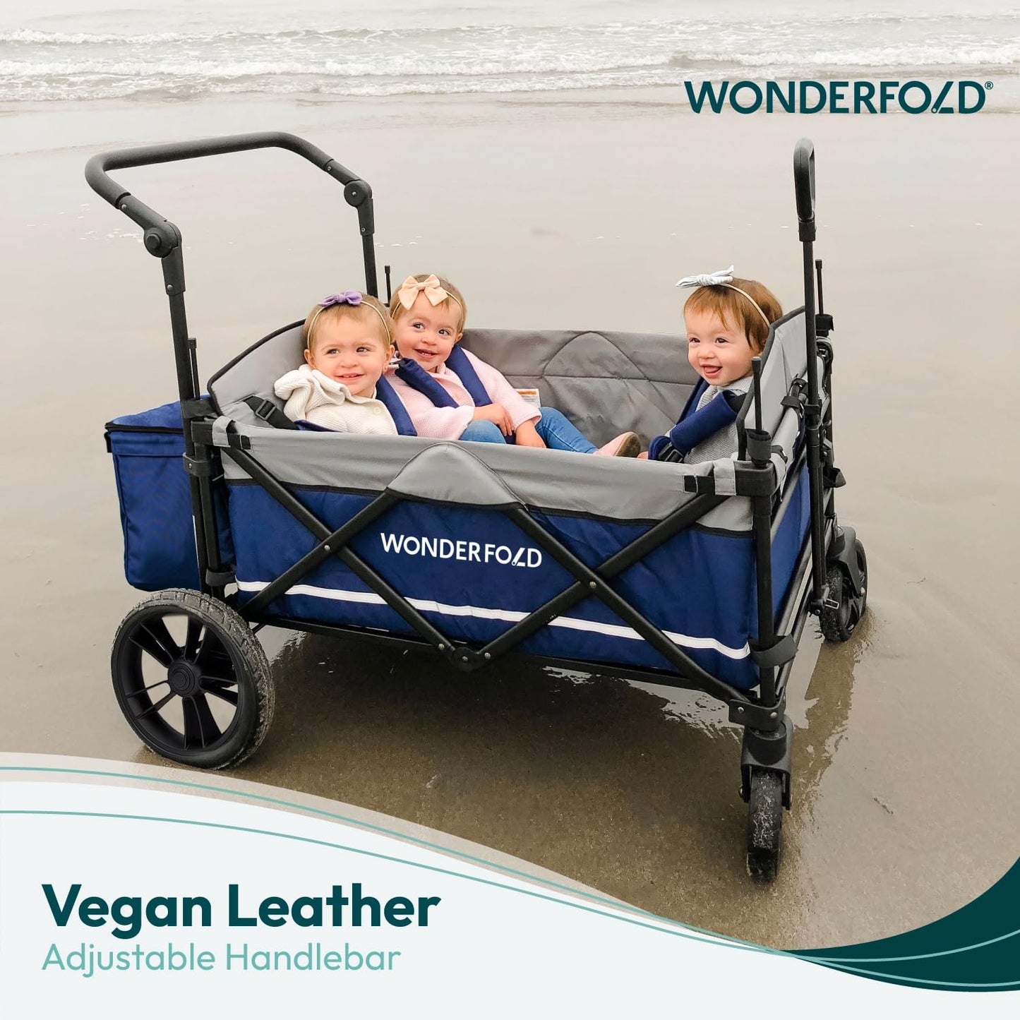 WONDERFOLD X4 Push & Pull Stroller Wagon (4 Seater) - Wagon Stroller with Seats with 5-Point Harnesses, Adjustable Push Handle, and Sun Canopy, Stealth Black