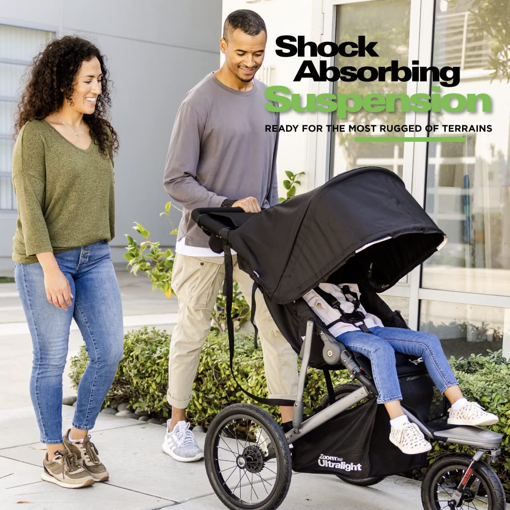Joovy Zoom360 Ultralight Jogging Stroller Featuring High Child Seat, Shock-Absorbing Suspension, Extra-Large Air-Filled Tires, Parent Organizer, Air Pump, and Easy One-Hand Fold (Black)