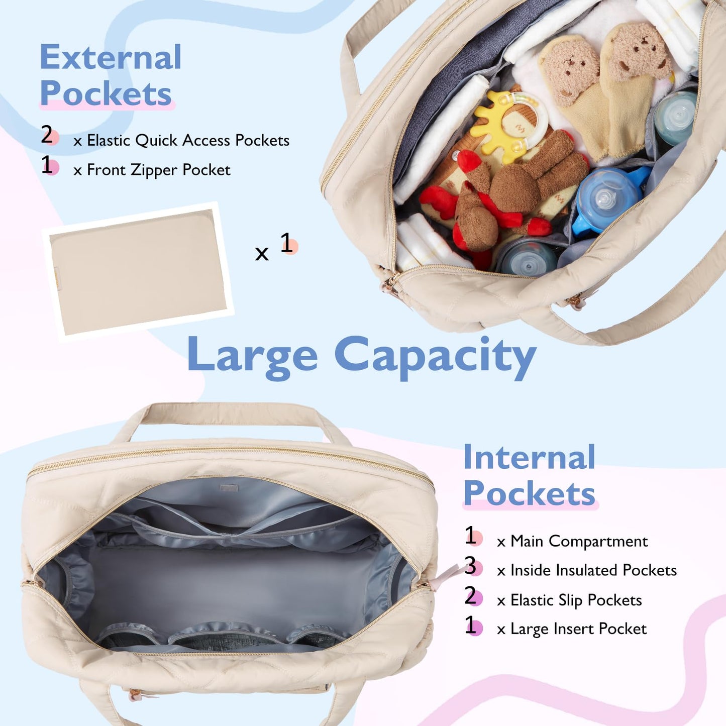 mommore Diaper Bag Tote Large Expandable Baby Travel Tote for 2 Kids Twins, Quilted Hospital Bag for Mom, Weekender