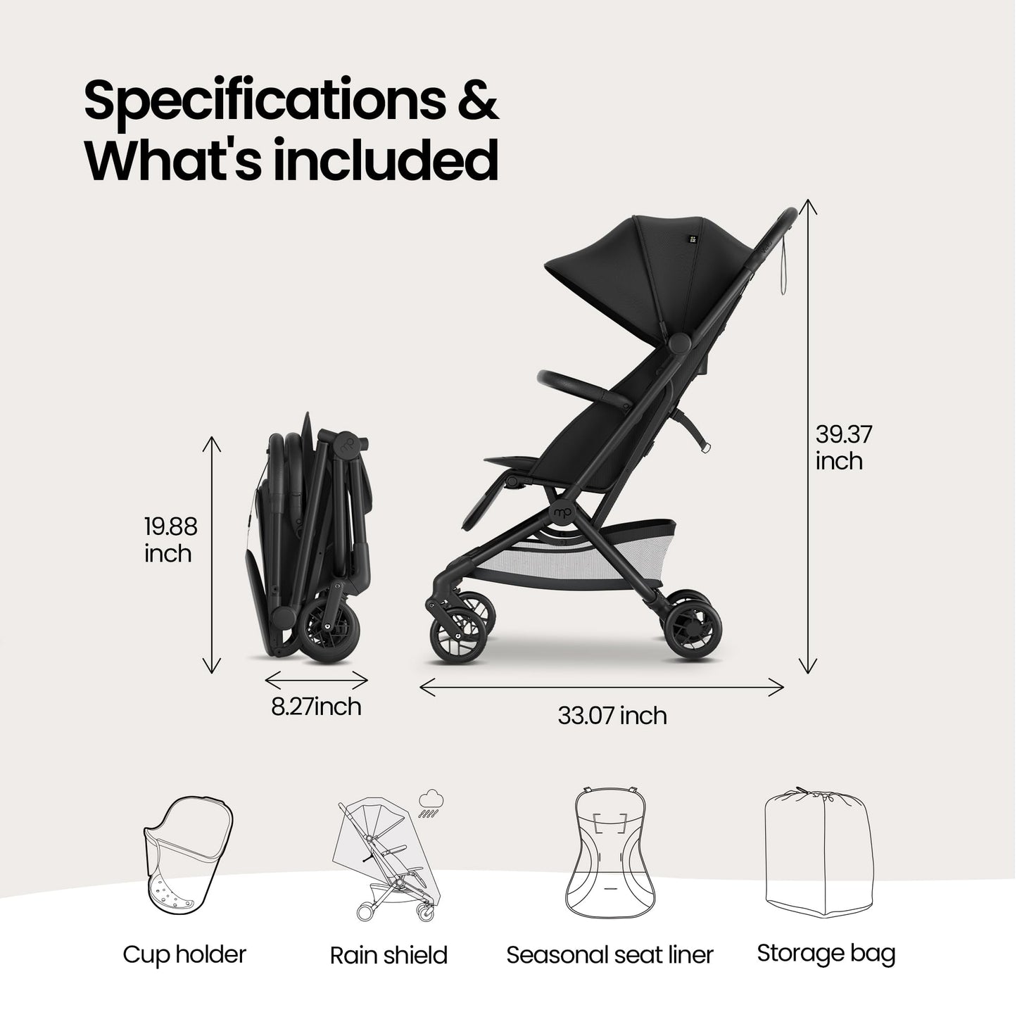 Mompush Velo Lightweight Travel Stroller, Compact & Airplane-Friendly for Baby and Toddler, Lie-Flat Seat, One-Hand Fold, with Leather Bumper Bar, Shoulder Strap, Raincover, Storage Bag & Cup Holder