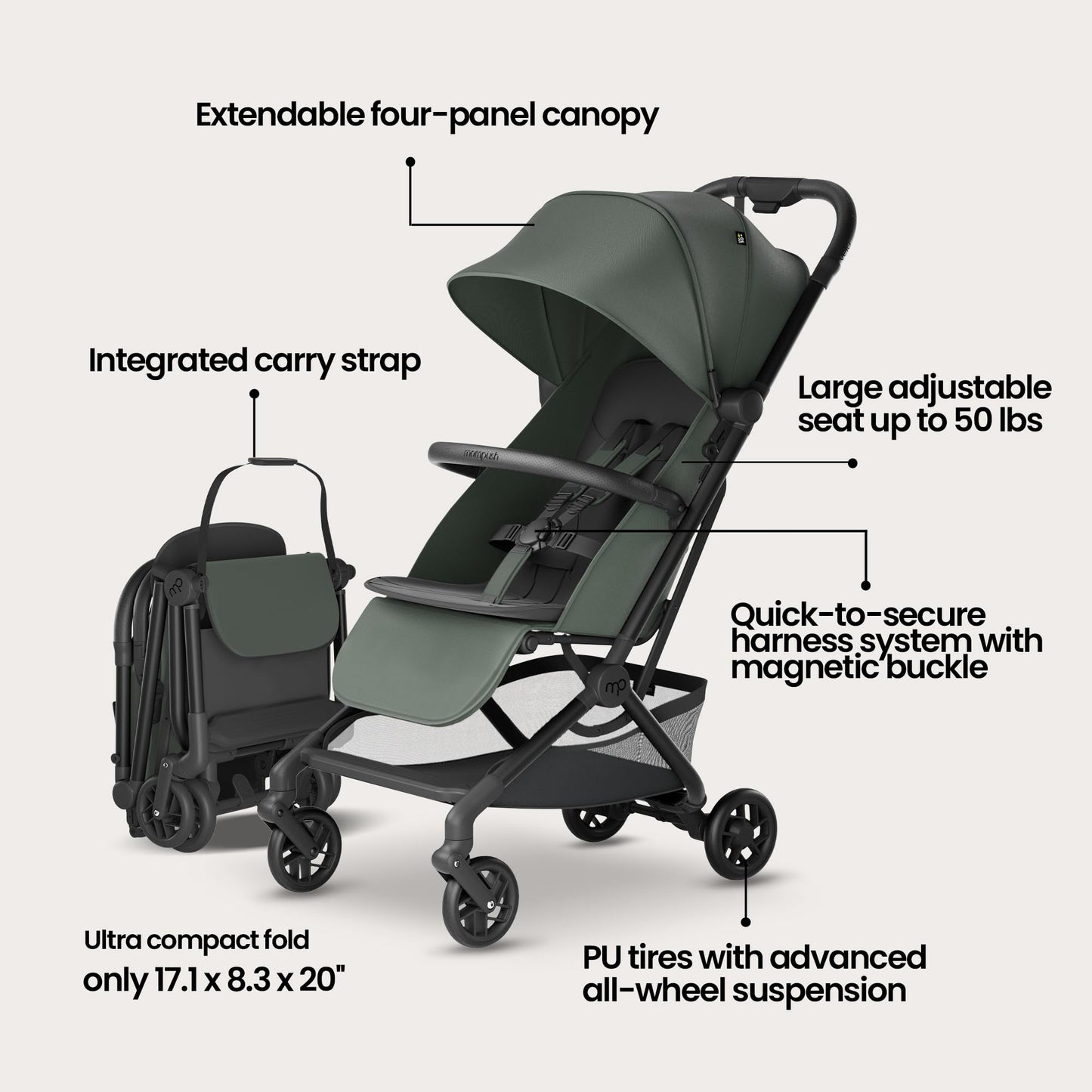 Mompush Velo Lightweight Travel Stroller, Compact & Airplane-Friendly for Baby and Toddler, Lie-Flat Seat, One-Hand Fold, with Leather Bumper Bar, Shoulder Strap, Raincover, Storage Bag & Cup Holder